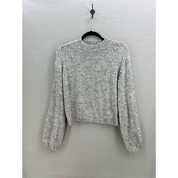 NWT Urban Outfitters Womens Gray Pearl Beaded Balloon Sleeves Sweater Size Small - Picture 9 of 9